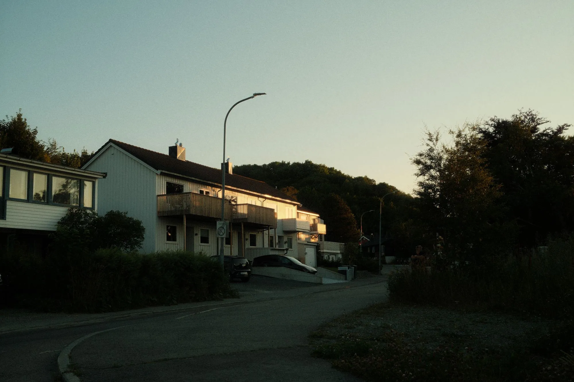 Residential street at twilight with a street light over the curb